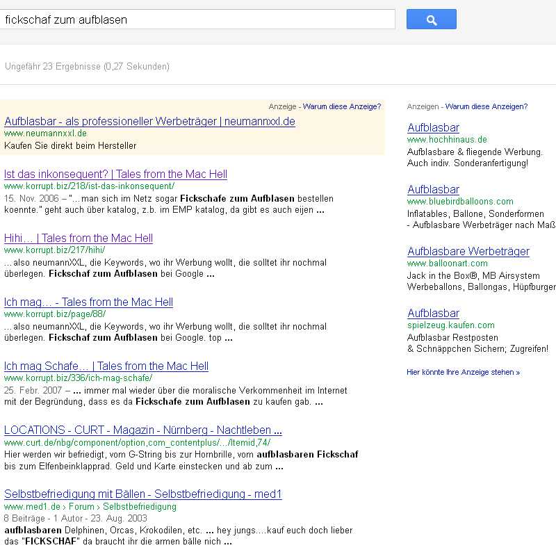 Fickschaf SERP bei Google, 2012