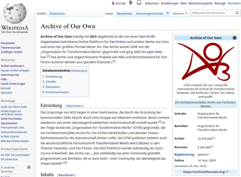Wikipedia: Archive of Our Own neu angelegt