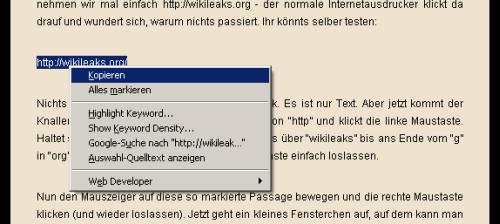 Howto: Textlinks von wikileaks per Copy und Paste aufrufen - Schritt zwei: Kopieren
